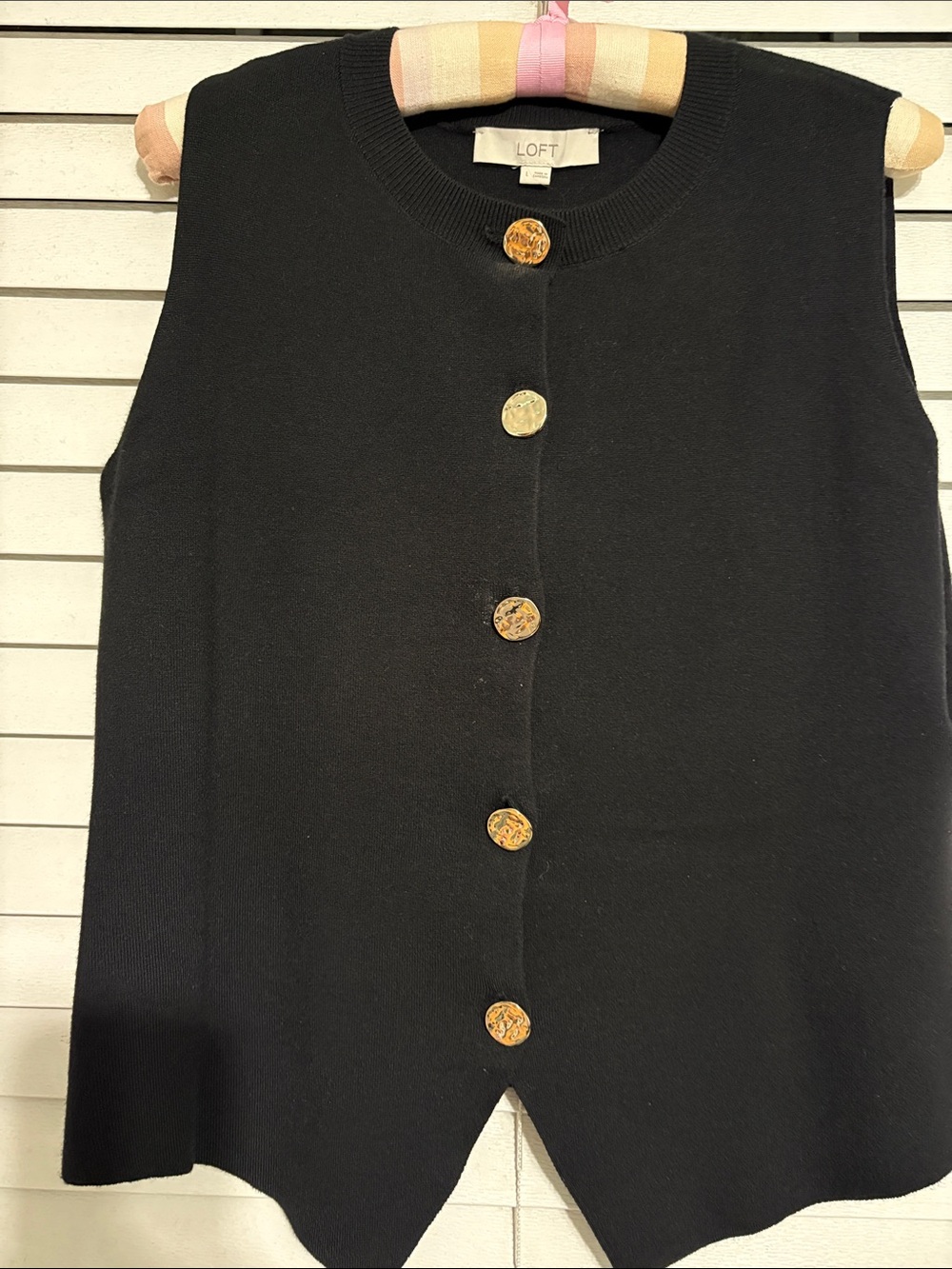 LOFT Black Sleeveless Button-Front Knit Shell with Gold-Tone Buttons